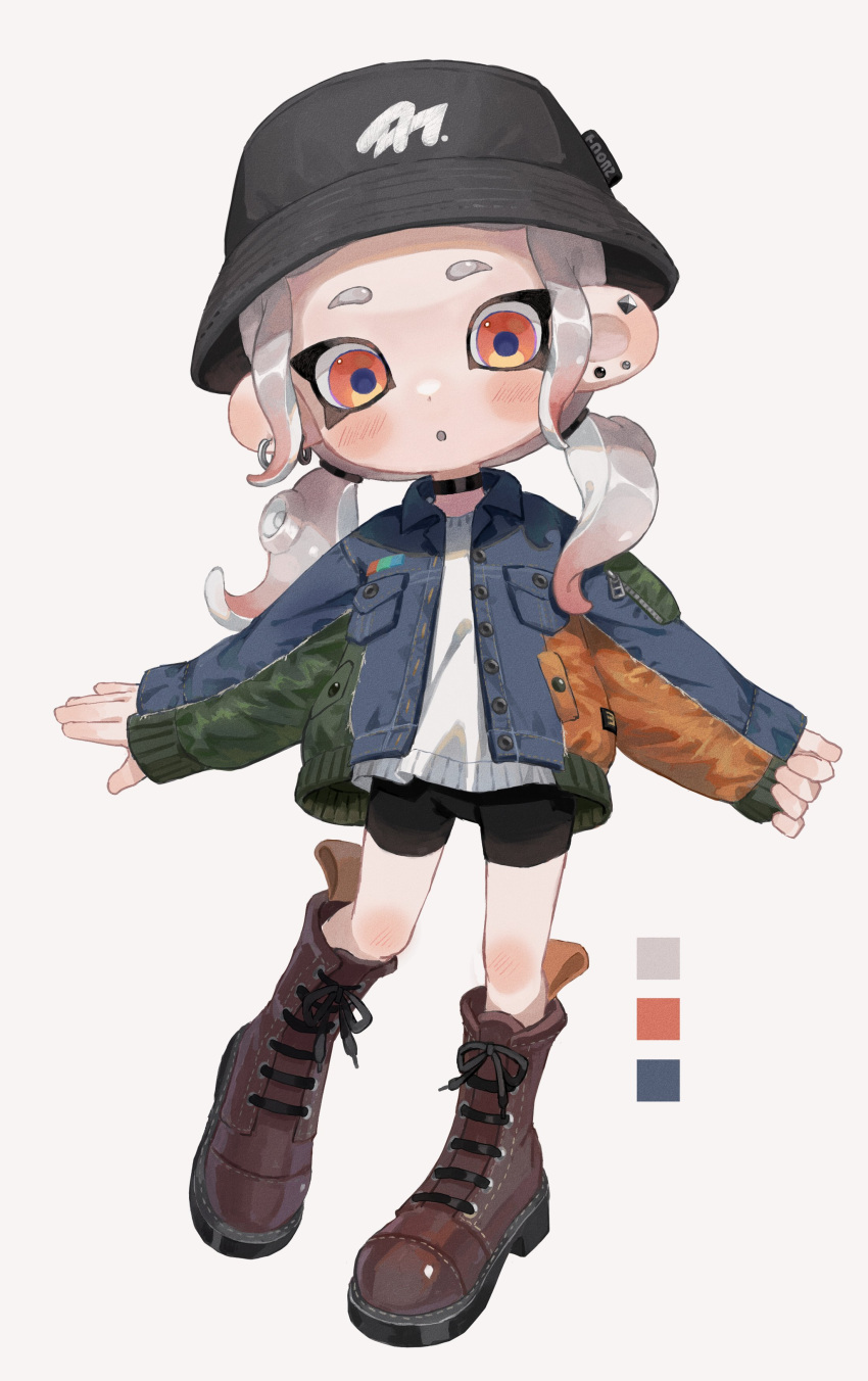 1girl :o absurdres bike_shorts black_choker black_headwear blue_jacket blush boots brown_footwear choker cross-laced_footwear ear_piercing earrings full_body gradient_hair hat highres jacket jewelry long_hair low_twintails multicolored_hair myon_rio octoling octoling_girl open_clothes open_jacket piercing red_eyes redhead shirt single_earring sleeves_past_wrists solo splatoon_(series) tentacle_hair thick_eyebrows twintails two-tone_hair white_background white_hair white_shirt
