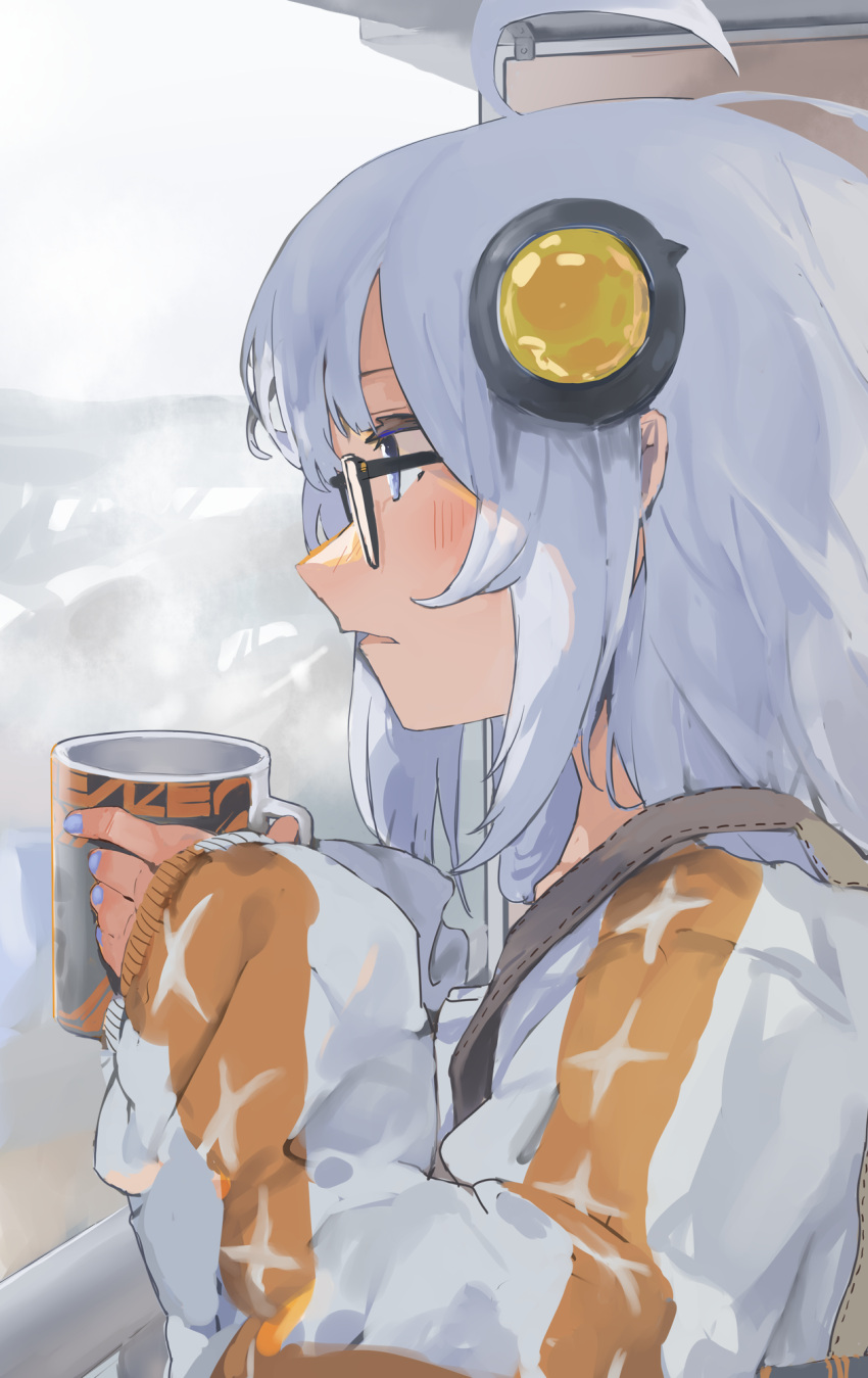 1girl a.i._voice ahoge balcony blue_eyes blue_nails cup from_side glasses grey_hair hair_ornament handrail highres holding holding_cup kizuna_akari kizuna_akari_(a.i._voice) long_hair mug orange_shirt overcast parted_lips pocche-ex profile shirt sky solo star_(symbol) star_print striped striped_shirt suspenders upper_body variant_set vertical-striped_shirt vertical_stripes voiceroid white_shirt