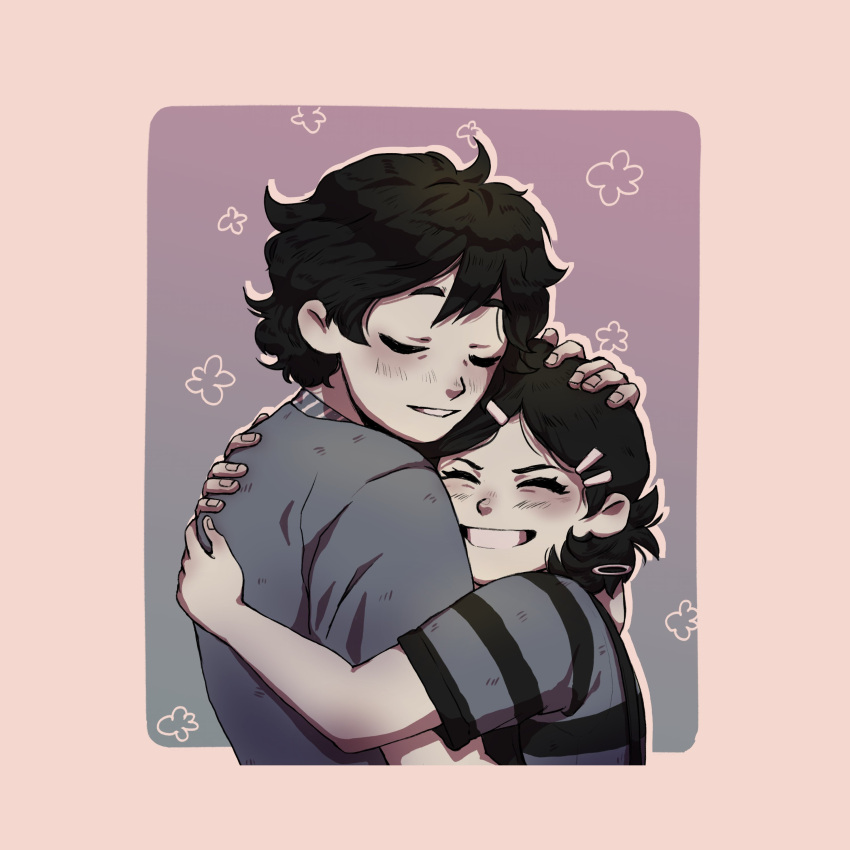 1boy 1girl absurdres andrew_graves ashley_graves black_hair blush closed_eyes hand_on_another's_head highres hug ivanairy light_smile siblings smile the_coffin_of_andy_and_leyley