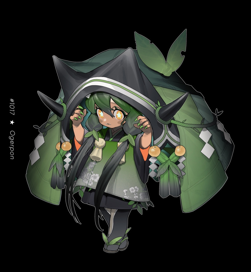 1girl black_background black_hair character_name full_body green_hair green_nails hair_between_eyes hands_up highres long_hair low_twintails momokaban multicolored_hair nail_polish ogerpon outline personification pokemon sandals simple_background solo standing star-shaped_pupils star_(symbol) symbol-shaped_pupils twintails very_long_hair white_outline