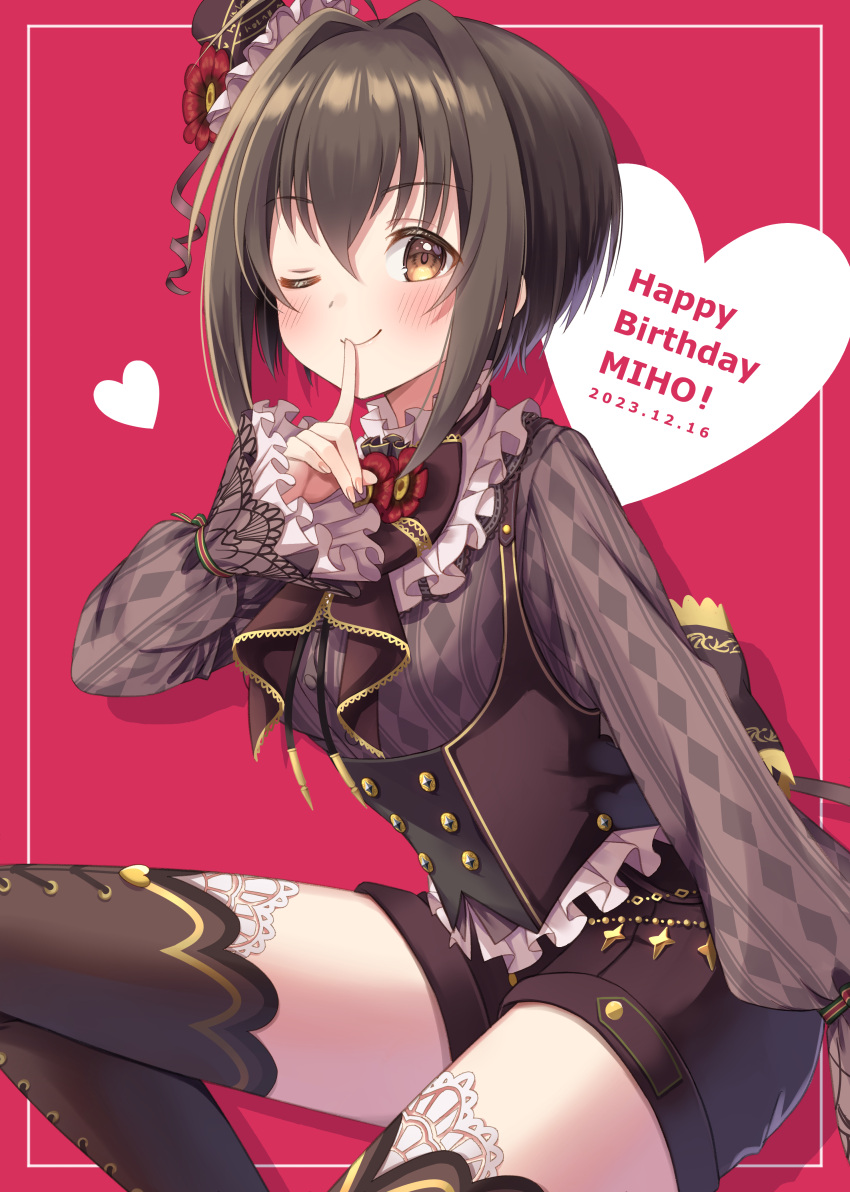 1girl 2023 ;) absurdres ahoge argyle argyle_sleeves black_footwear black_shorts boots brown_eyes brown_hair character_name closed_mouth dated finger_to_mouth flower grey_shirt hair_between_eyes hair_flower hair_intakes hair_ornament happy_birthday hat heart hibiki_tohru highres idolmaster idolmaster_cinderella_girls idolmaster_cinderella_girls_starlight_stage index_finger_raised kohinata_miho long_sleeves looking_at_viewer mini_hat one_eye_closed red_background red_flower shirt short_hair_with_long_locks short_shorts shorts shushing sidelocks sitting smile solo thigh_boots zettai_ryouiki