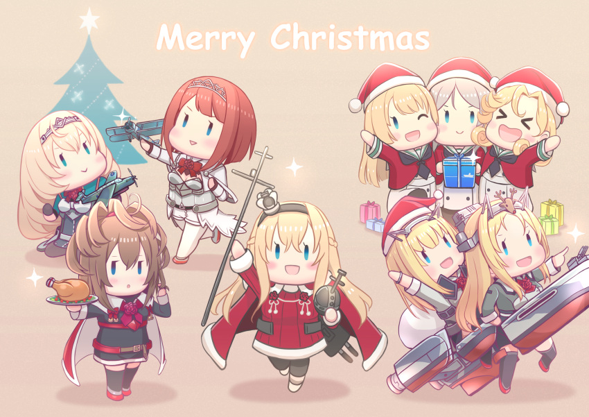 &gt;_&lt; 6+girls aircraft airplane ark_royal_(kancolle) biplane black_hairband blonde_hair blue_background blue_eyes blush box brown_hair cannon cape capelet chibi christmas christmas_tree closed_eyes coat crown dress english_text fighter_plane food gift gift_box globus_cruciger grey_background grey_jacket grey_shirt hairband hat headgear highres holding holding_gift jacket janus_(kancolle) javelin_(kancolle) jervis_(kancolle) kantai_collection long_hair long_sleeves merry_christmas mini_crown multiple_girls neckerchief nelson_(kancolle) one_eye_closed open_mouth orange_hair pants parted_lips red_coat red_dress redhead rizuriri rodney_(kancolle) royal_air_force sailor_collar santa_hat scepter sheffield_(kancolle) shirt simple_background smile sparkle standing turret victorious_(kancolle) warspite_(kancolle) white_pants