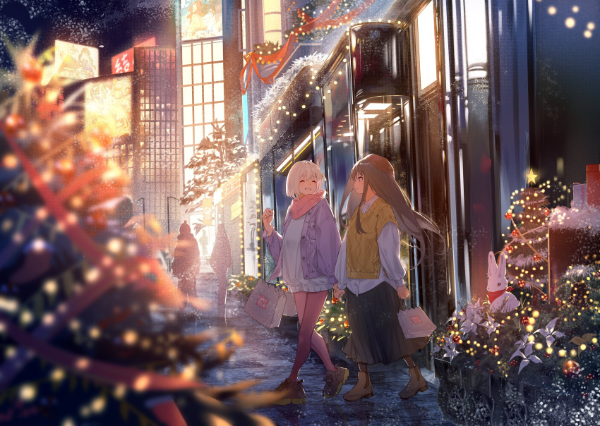 2girls absurdres bag black_hair black_pantyhose black_skirt blonde_hair building chinese_commentary christmas christmas_tree closed_eyes closed_mouth commentary_request couple detached_sleeves dkl_(dinosaurkl2) dress_shirt hair_ornament hairclip highres holding_hands inoue_takina jacket lamppost long_hair long_sleeves looking_at_another lycoris_recoil multiple_girls nishikigi_chisato one_side_up open_mouth outdoors pantyhose people pink_pantyhose pink_scarf purple_jacket scarf shirt shopping_bag short_hair sidelocks skirt smile snow sweater sweater_vest violet_eyes white_shrit white_sweater yellow_sweater_vest yuri