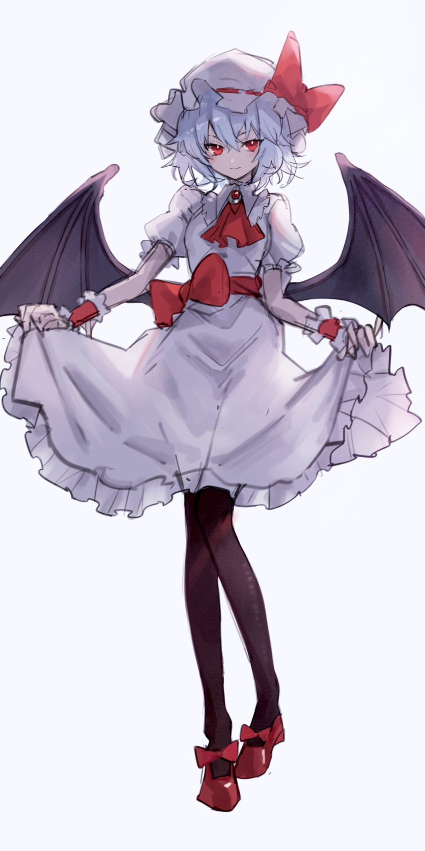 1girl absurdres ascot bat_wings closed_mouth clothes_lift commentary_request dress dress_lift full_body grey_hair hat hat_ribbon highres lifted_by_self looking_at_viewer mob_cap red_ascot red_eyes red_footwear red_ribbon remilia_scarlet ribbon short_hair short_sleeves simple_background solo tadano1129 touhou white_dress white_headwear wings wrist_cuffs