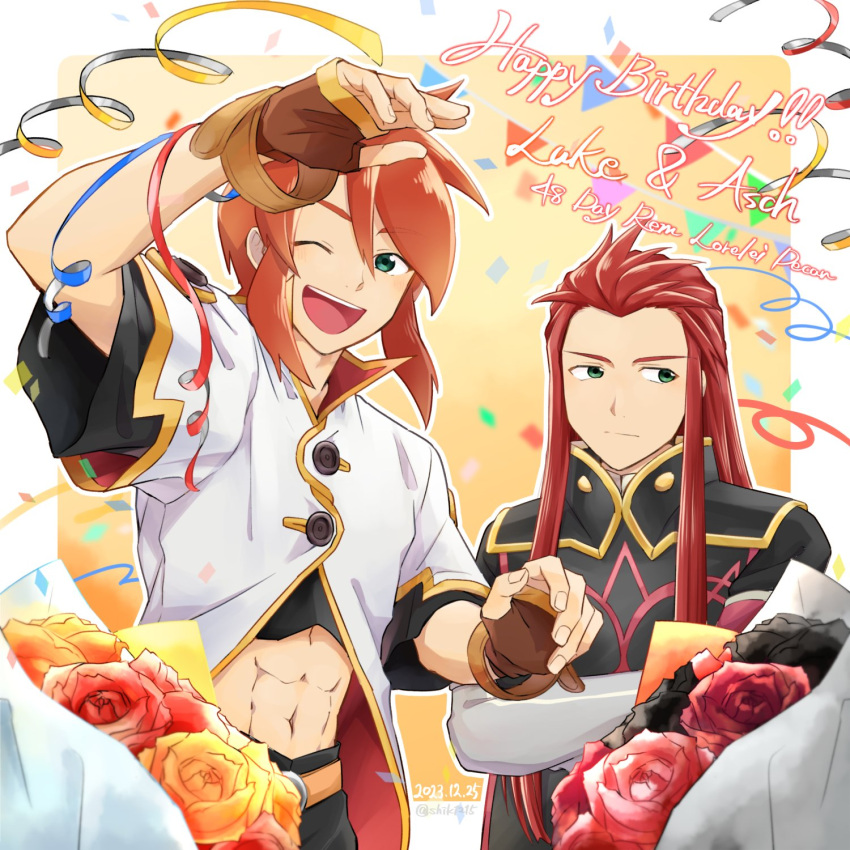 2boys abs asch_(tales) belt black_shirt black_tabard bouquet brown_gloves buttons character_name commentary_request confetti cropped_shirt crossed_arms dated elbow_gloves fingerless_gloves flower gloves green_eyes grey_gloves hair_slicked_back hands_up happy happy_birthday high_collar highres jacket long_hair luke_fon_fabre multiple_boys one_eye_closed open_mouth popped_collar redhead shiki_123 shirt short_hair short_sleeves sidelocks smile tabard tales_of_(series) tales_of_the_abyss twitter_username white_jacket