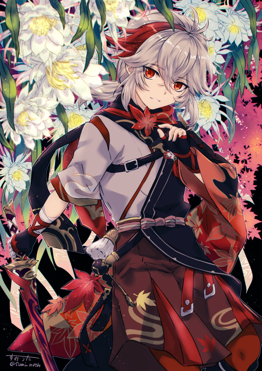 1boy absurdres black_gloves brown_hakama fingerless_gloves flower genshin_impact gloves grey_hair grey_kimono hair_between_eyes hakama highres holding holding_sword holding_weapon japanese_clothes kaedehara_kazuha kimono long_hair looking_at_viewer low_ponytail male_focus multicolored_hair pantyhose parted_lips red_eyes red_pantyhose red_ribbon redhead ribbon signature solo sumi_noth sword twitter_username two-tone_hair weapon white_flower