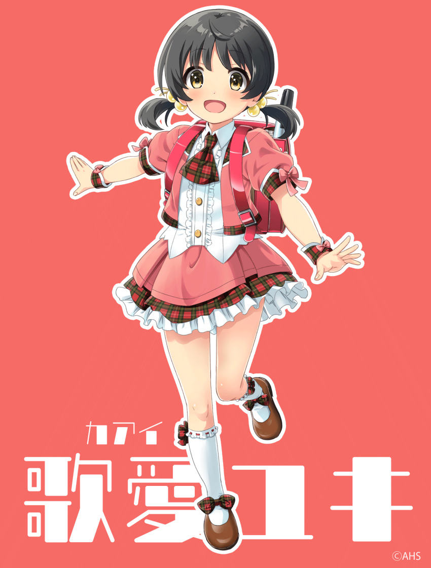 1girl ah-software ascot backpack bag black_hair blouse brown_eyes brown_footwear bubble_skirt buttons collared_shirt flute frilled_shirt frilled_skirt frilled_socks frills hair_bobbles hair_ornament highres instrument jacket kaai_yuki kaai_yuki_(vocaloid4) leg_up low_twintails mary_janes miniskirt pink_jacket pink_skirt plaid plaid_ascot plaid_skirt plaid_wrist_cuffs puffy_short_sleeves puffy_sleeves randoseru recorder red_background red_bag ribbon-trimmed_socks second-party_source shirt shoes short_sleeves short_twintails skirt sleeve_bow socks solo standing standing_on_one_leg twintails umetani_atarou vocaloid white_socks wrist_bow wrist_cuffs
