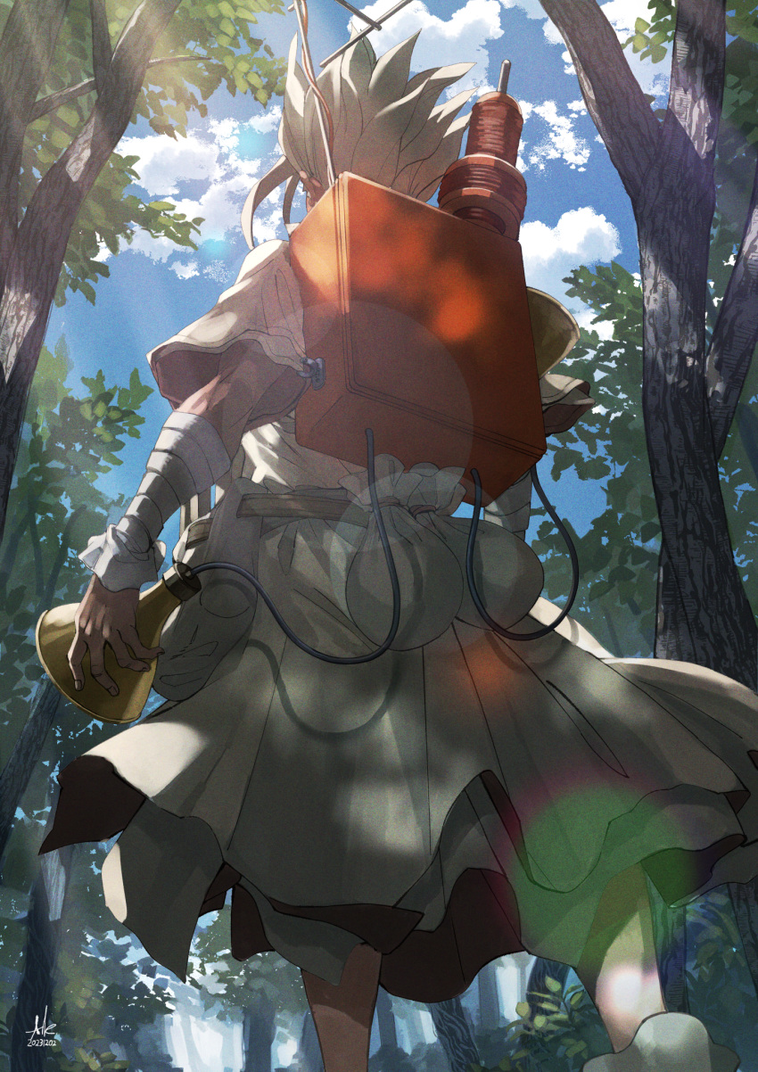 1boy asuka_(ppask) day dr._stone forest from_below highres holding ishigami_senkuu lens_flare long_hair male_focus nature outdoors solo spiky_hair sunlight white_hair