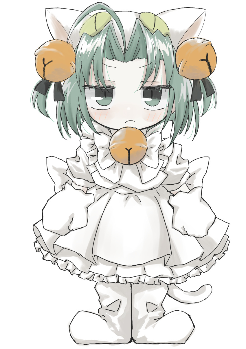 1girl absurdres animal_hat bell bow bowtie cat_hat cat_tail closed_mouth dejiko di_gi_charat dress expressionless full_body gloves green_eyes green_hair hair_bell hair_intakes hair_ornament hat highres kennin5 looking_at_viewer pale_skin short_hair short_twintails solo tail twintails white_background white_bow white_dress white_footwear white_gloves