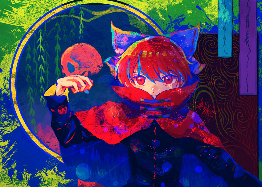 1girl black_shirt blue_bow bow cape closed_mouth hair_bow itomugi-kun long_sleeves looking_at_viewer red_cape red_eyes redhead sekibanki shirt short_hair skull solo touhou upper_body