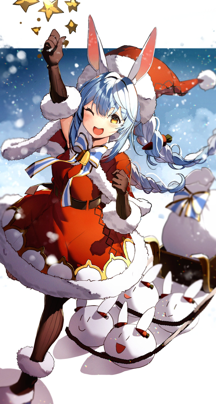 1girl :d absurdres alternate_costume animal_ears arm_up bell blue_hair blush bow bowtie braid brown_eyes brown_gloves brown_pantyhose capelet carrot_hair_ornament clenched_hands commentary_request dress dutch_angle elbow_gloves food-themed_hair_ornament fur-trimmed_capelet fur-trimmed_dress fur-trimmed_gloves fur-trimmed_headwear fur_trim gloves hair_ornament haruhina_purple hat highres hololive long_hair multicolored_hair neck_bell one_eye_closed pantyhose pekomon_(usada_pekora) pom_pom_(clothes) rabbit-shaped_pupils rabbit_ears rabbit_girl red_capelet red_dress sack santa_dress santa_hat sleigh smile snowing solo symbol-shaped_pupils twin_braids two-tone_hair usada_pekora virtual_youtuber white_hair
