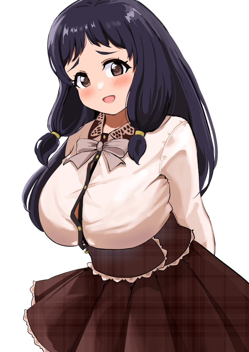 1girl absurdres black_hair blush breasts brown_eyes brown_skirt buttons collared_shirt commentary_request commission evildaddy12 highres idolmaster idolmaster_cinderella_girls large_breasts long_hair long_sleeves looking_at_viewer ohnuma_kurumi open_mouth pixiv_commission plaid plaid_skirt pleated_skirt ribbon shirt short_bangs sidelocks simple_background skirt smile solo twintails white_background white_shirt