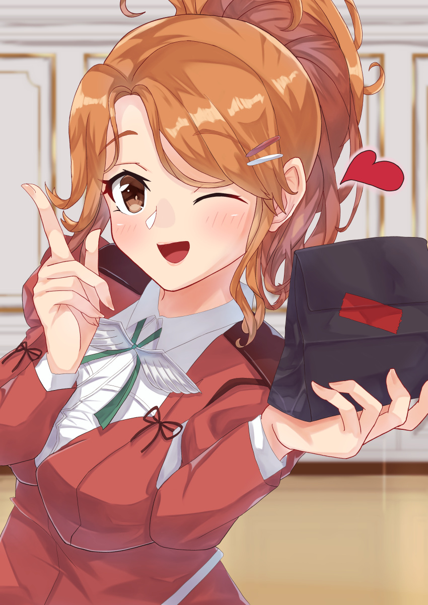 1girl ;d absurdres aquila_(kancolle) bag black_bag brown_eyes collared_shirt come2traveling commentary_request green_ribbon hair_ornament hairclip heart high_ponytail highres holding holding_bag index_finger_raised jacket kantai_collection long_hair looking_at_viewer neck_ribbon one_eye_closed orange_hair red_jacket ribbon shirt smile solo valentine wavy_hair white_shirt
