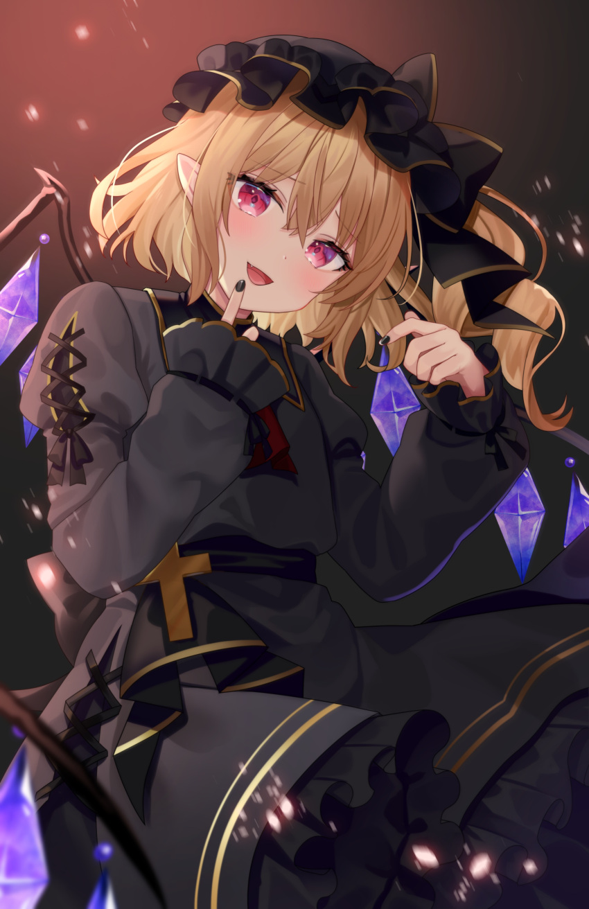 1girl absurdres ascot black_dress black_headwear black_nails blonde_hair cross crystal_wings dress flandre_scarlet hat highres juliet_sleeves long_sleeves looking_at_viewer mob_cap open_mouth puffy_sleeves red_ascot red_eyes solo touhou usushio