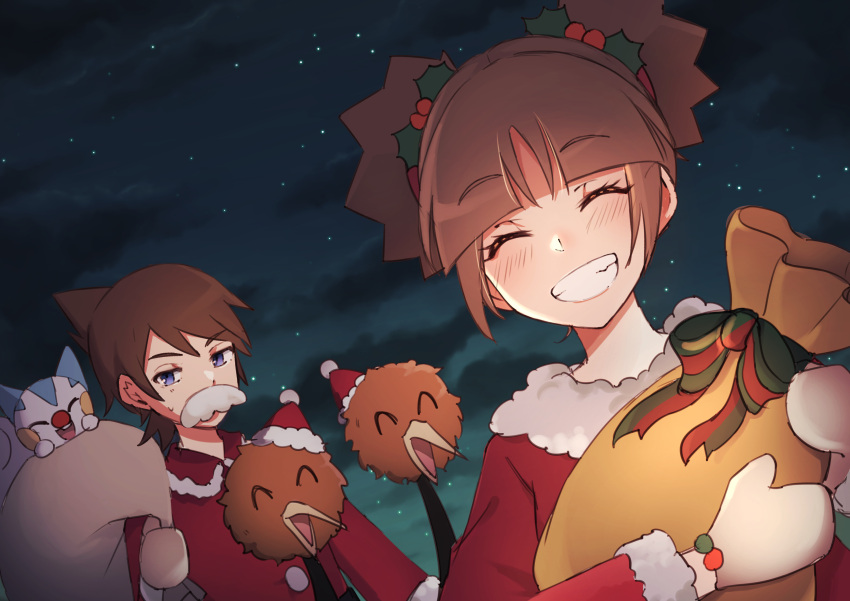 1boy 1girl ^_^ absurdres blush bow brown_hair closed_eyes clouds commentary_request doduo eyelashes fake_facial_hair fake_mustache gloves green_bow grin hair_ornament highres holding holding_sack holly_hair_ornament jacket kate_(pokemon) kellyn_(pokemon) night outdoors pachirisu pnz_(ponzu7s) pokemon pokemon_(creature) pokemon_ranger pokemon_ranger_2 red_jacket sack short_hair sky smile teeth