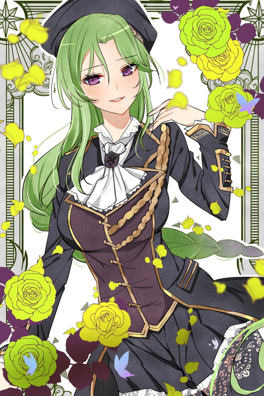 1girl arm_at_side ascot assault_lily black_jacket black_pantyhose black_skirt blush braid breasts commentary_request falling_petals flower frilled_skirt frills green_flower green_hair green_rose grin hand_up highres jacket kikikaikai_(kikikaikai_chan) large_breasts long_hair long_sleeves looking_at_viewer miniskirt murakami_tokiwa ornate_border outside_border pantyhose parted_bangs parted_lips petals pleated_skirt protected_link rose sidelocks single_braid skirt smile solo standing very_long_hair violet_eyes white_ascot white_background yellow_flower yellow_rose