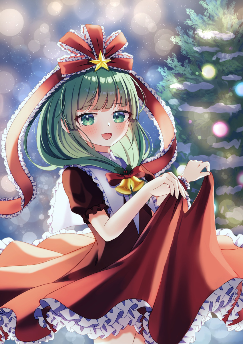 1girl absurdres blurry blurry_background bow christmas_tree cowboy_shot dress frilled_bow frilled_dress frilled_ribbon frilled_sleeves frills front_ponytail green_eyes green_hair hair_bow hair_ribbon highres kagiyama_hina lifted_by_self looking_at_viewer nene_man night open_mouth puffy_short_sleeves puffy_sleeves red_bow red_dress red_ribbon ribbon short_sleeves smile solo star_(symbol) touhou