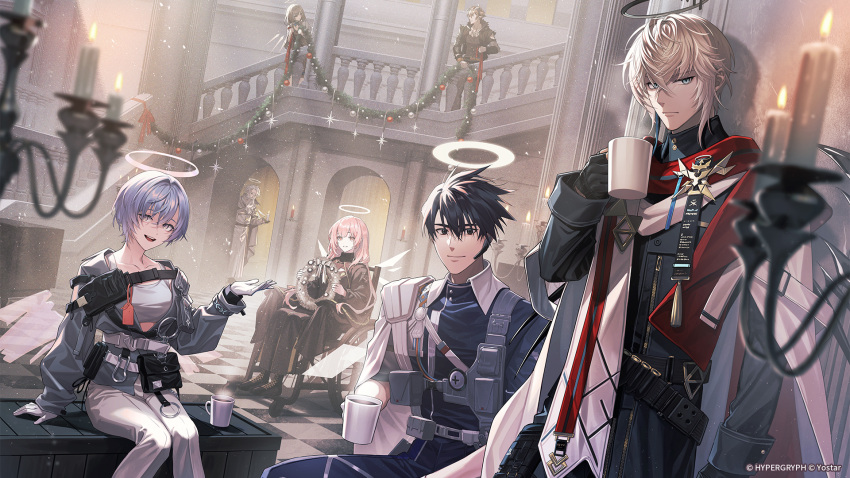 2boys 2girls 8ya_nagi arknights black_eyes black_gloves black_hair blue_eyes blue_hair christmas closed_mouth collarbone commentary_request crossed_bangs cup executor_(arknights) executor_the_ex_foedere_(arknights) gloves grey_hair hair_between_eyes halo highres holding holding_cup insider_(arknights) lemuen_(arknights) long_hair looking_at_viewer multiple_boys multiple_girls official_art open_mouth pink_hair red_eyes second-party_source short_hair sitting spuria_(arknights) standing teeth upper_teeth_only violet_eyes wheelchair white_gloves yellow_halo