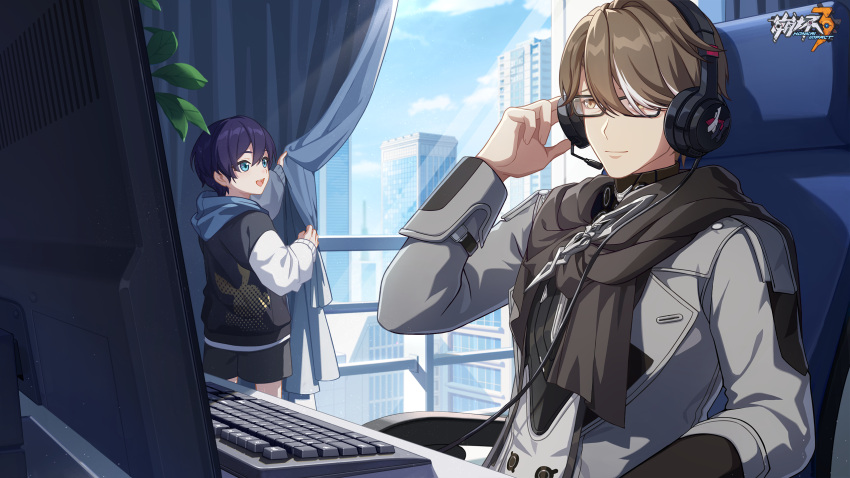2boys black_shorts blue_eyes blue_hair blue_sky brown_hair building chair chinese_commentary closed_mouth computer day glasses grey_sleeves hair_between_eyes headset highres honkai_(series) honkai_impact_3rd indoors keyboard_(computer) logo long_sleeves monitor multicolored_hair multiple_boys official_art official_wallpaper open_mouth plant scarf shorts sitting sky streaked_hair welt_joyce welt_yang