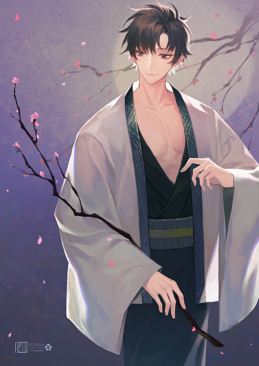 1boy black_hair black_kimono branch cherry_blossoms cowboy_shot curtained_hair flower hand_up haori highres holding holding_branch jacket japanese_clothes kimono looking_to_the_side male_focus open_clothes open_jacket pectoral_cleavage pectorals pink_flower plunging_neckline purple_background quanzhi_gaoshou ru_(famia) sash short_hair smile solo standing violet_eyes white_jacket