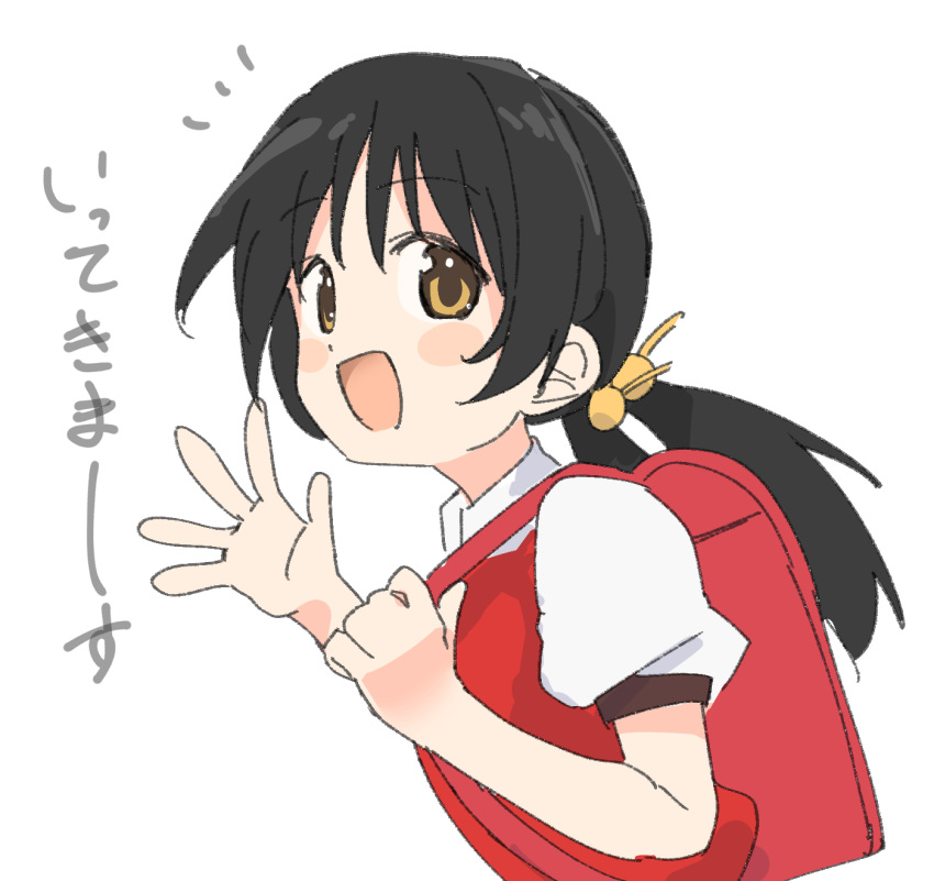 1girl backpack bag black_hair blush_stickers hair_bobbles hair_ornament highres kaai_yuki looking_at_viewer low_twintails open_mouth petite puffy_short_sleeves puffy_sleeves randoseru red_shirt sechin shirt short_sleeves short_twintails simple_background sketch solo translated twintails upper_body vocaloid waving white_background yellow_eyes