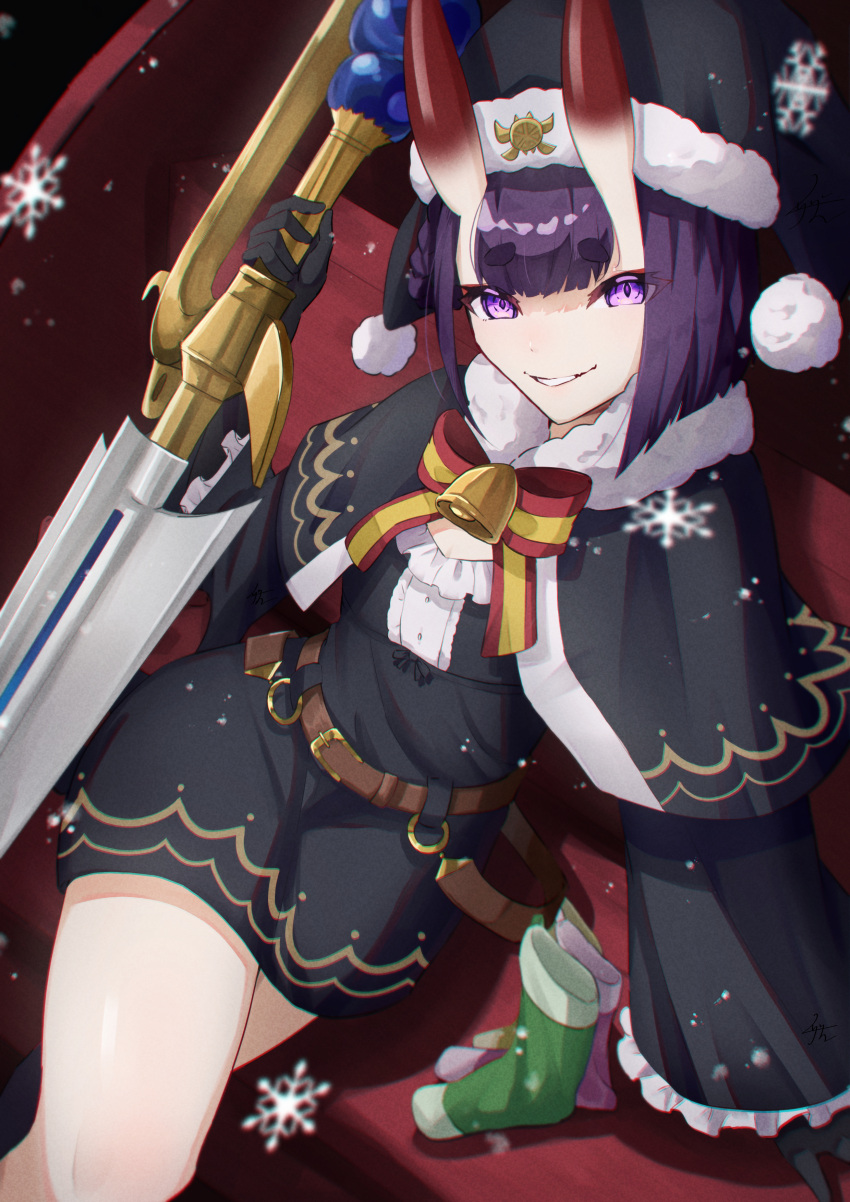 1girl absurdres bell black_dress black_gloves black_headwear breasts dress eyeliner fate/grand_order fate_(series) gloves grin highres horns izanaware_game jingle_bell long_sleeves looking_at_viewer makeup oni oni_horns purple_hair santa_costume short_hair shuten_douji_(fate) skin-covered_horns small_breasts smile solo sword violet_eyes weapon