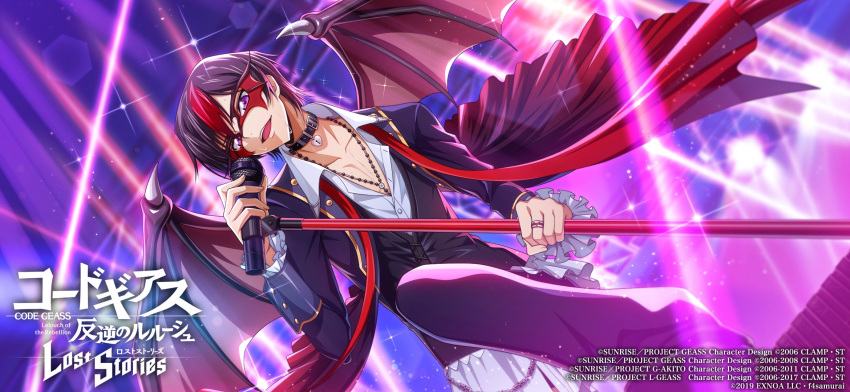 1boy :d black_collar black_hair black_jacket code_geass code_geass:_lost_stories collar collarbone collared_shirt copyright_name dress_shirt from_below highres holding holding_microphone idol jacket jewelry lelouch_vi_britannia looking_at_viewer male_focus mask microphone microphone_stand multicolored_hair official_art pants partially_unbuttoned purple_pants redhead ring shirt short_hair smile solo spotlight streaked_hair violet_eyes white_shirt wing_collar