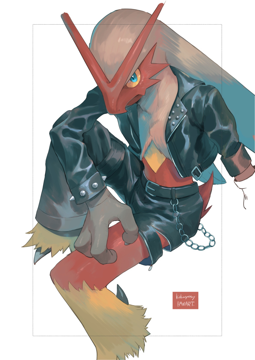 1other belt blaziken blue_eyes chain claws closed_mouth clothed_pokemon colored_sclera commentary_request fang highres horns jacket kikuyoshi_(tracco) leather leather_jacket looking_at_viewer open_clothes open_jacket pants pokemon pokemon_(creature) skin_fang solo white_background yellow_sclera