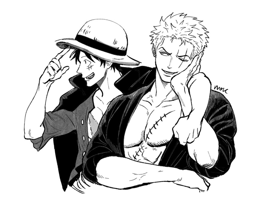 2boys coat coat_on_shoulders furrowed_brow hand_on_another's_shoulder hand_on_own_cheek hand_on_own_face hat looking_at_another looking_to_the_side male_focus monkey_d._luffy monochrome multiple_boys muscular nok_(nok_1) one_eye_closed one_piece open_clothes open_shirt pectoral_cleavage pectorals roronoa_zoro scar scar_on_chest scar_on_face shirt short_hair signature smile straw_hat toned toned_male