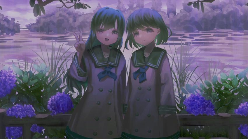 2girls blue_hair buttons closed_mouth coat cowboy_shot double-breasted flower green_sailor_collar grey_coat highres hydrangea inokashira_park kagenoyuhi long_hair long_sleeves looking_at_viewer matching_outfits multiple_girls open_mouth original outdoors pond purple_flower railing real_world_location sailor_collar short_hair smile standing v violet_eyes water