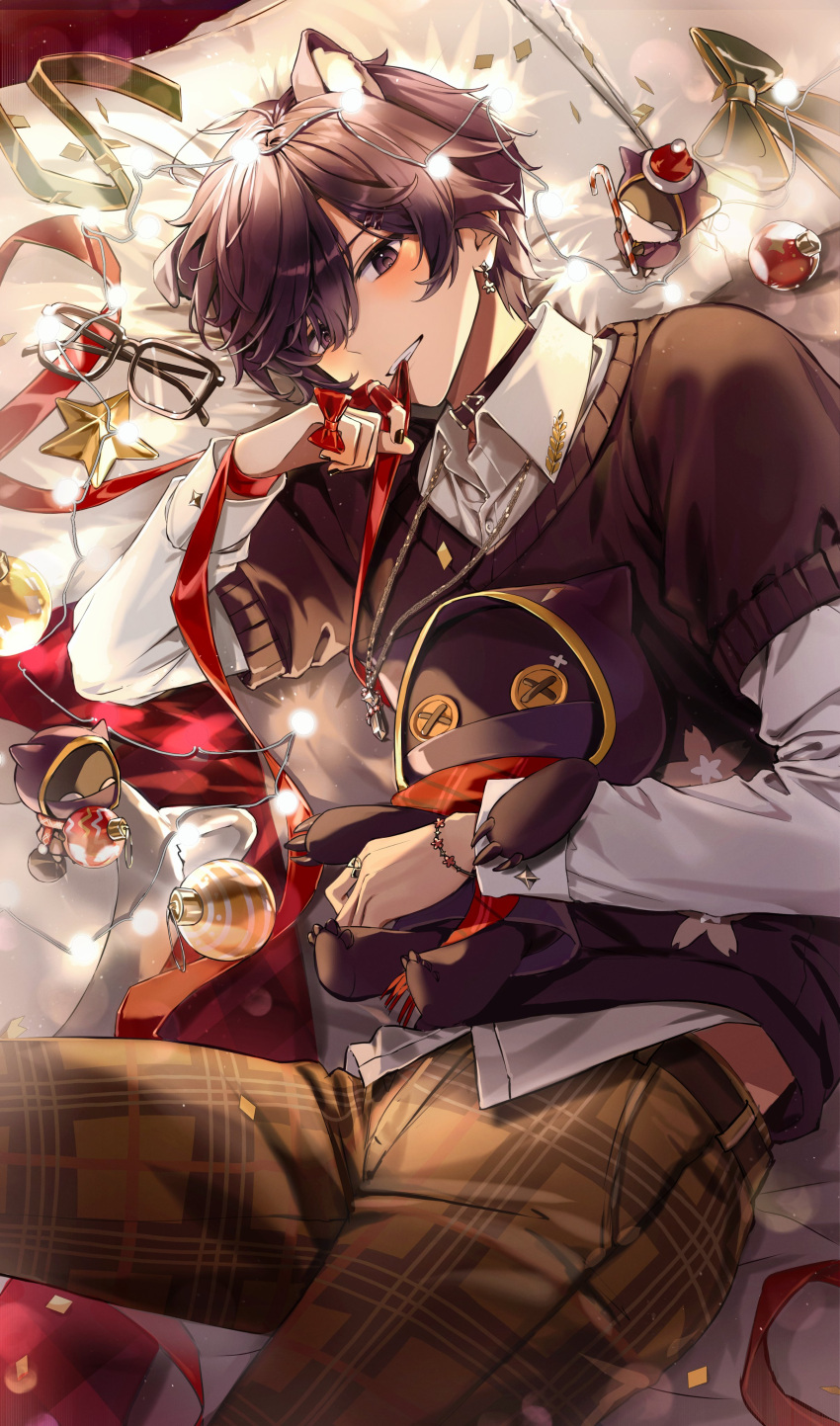 absurdres animal_ears biting black_hair black_nails black_sweater blush chain_necklace checkered_clothes christmas christmas_lights christmas_ornaments dog_boy dog_ears earrings eumi_114 hat highres indie_virtual_youtuber jewelry light_smile long_sleeves male_focus necklace red_ribbon ribbon santa_hat shirt shoto_(vtuber) stuffed_animal stuffed_toy sweater violet_eyes virtual_youtuber white_shirt