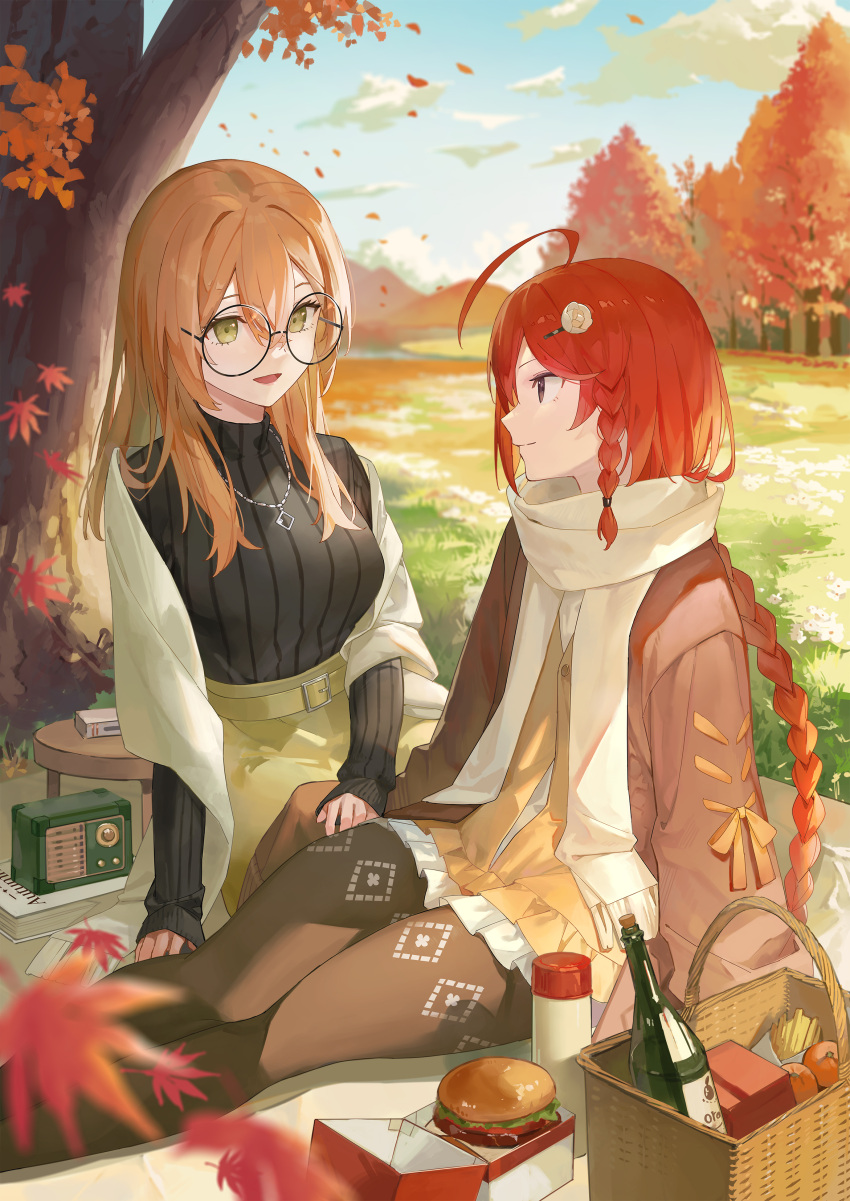 2girls absurdres ahoge autumn_leaves black_pantyhose bottle braid braided_ponytail brown_eyes brown_hair burger day flower food glasses green_eyes hair_flower hair_ornament highres jacket jewelry kobuta long_hair looking_at_another multiple_girls necklace open_clothes open_jacket original outdoors pantyhose pleated_skirt redhead ribbed_sweater round_eyewear scarf sitting skirt sweater tree