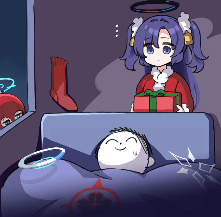 ... 1boy 2girls bell blanket blue_archive blue_eyes blue_halo box christmas closed_mouth doodle_sensei_(blue_archive) gift gift_box hair_bell hair_ornament halo highres hm_(hmongt) holding holding_box indoors long_hair long_sleeves mismatched_pupils multiple_girls noa_(blue_archive) on_bed purple_hair red_halo santa_costume sensei_(blue_archive) shiroko_(blue_archive) two_side_up under_covers wakamo_(blue_archive) white_halo yuuka_(blue_archive)