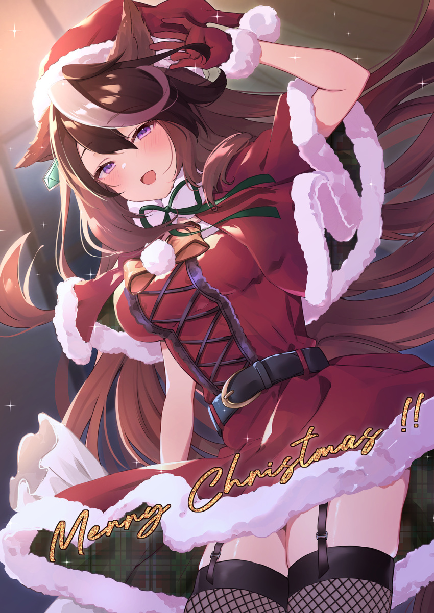 1girl animal_ears belt black_belt black_thighhighs blush breasts brown_hair capelet christmas cowboy_shot dress earrings gloves hair_between_eyes highres horse_ears horse_girl horse_tail jewelry long_hair medium_breasts merry_christmas open_mouth pom_pom_(clothes) purin_jiisan red_capelet red_dress red_gloves red_headwear santa_costume santa_dress single_earring smile solo symboli_rudolf_(umamusume) tail thigh-highs umamusume violet_eyes