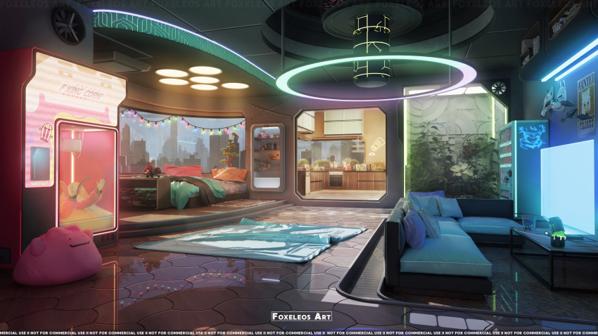 3d absurdres air_conditioner artist_name banana bed bedroom blanket blender_(medium) bonsai book book_stack bookshelf building can ceiling ceiling_light cityscape coffee_table commentary couch day ditto energy_drink english_commentary filian_(vtuber) flat_screen_tv floor flower food fox_mask foxeleos fruit glowing highres indie_virtual_youtuber indoors kitchen kunai living_room mask monster_energy neon_lights no_humans original oven photoshop_(medium) pillow plant pokemon ramen reflective_floor rug scenery shelf steam string_of_light_bulbs stuffed_toy table television tile_ceiling tile_floor tiles vending_machine virtual_youtuber wanted watermark weapon white_flower