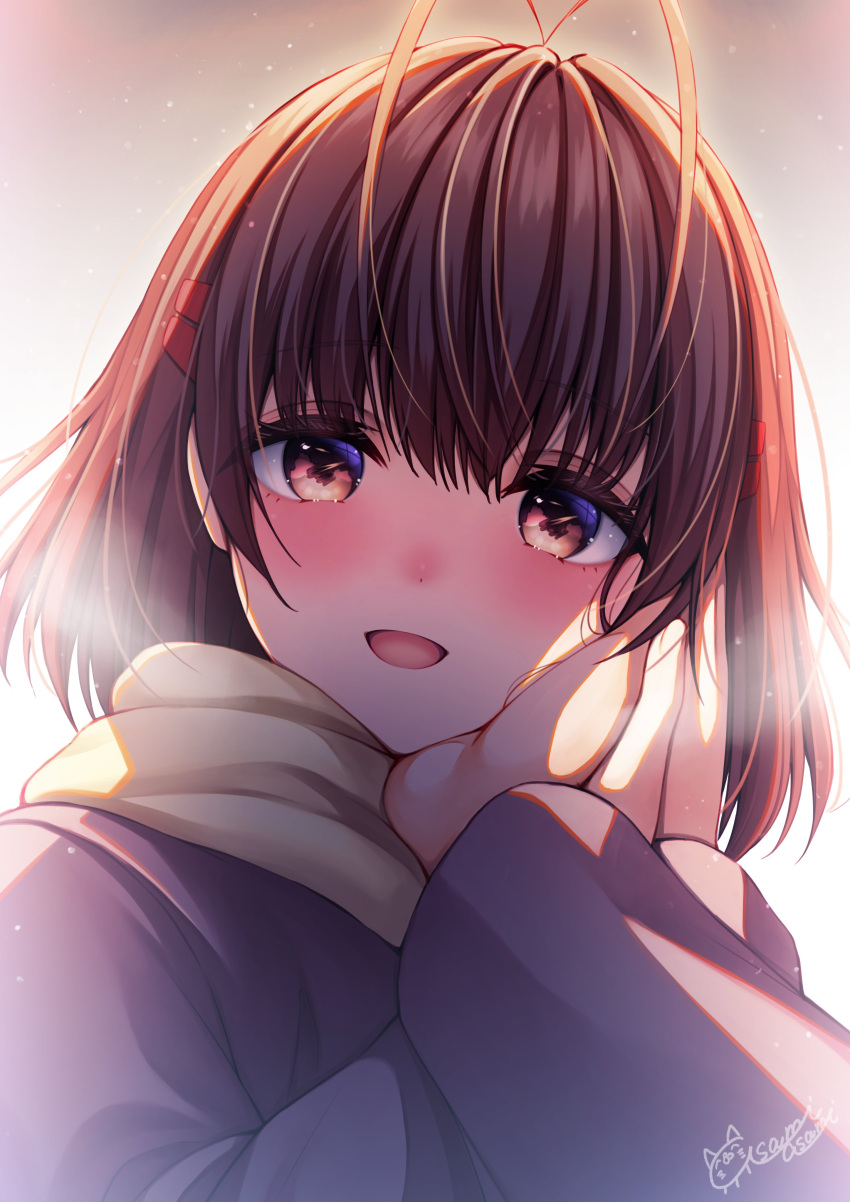 1girl 1other absurdres antenna_hair asami_asami brown_eyes brown_hair clannad commentary_request furukawa_nagisa hair_ornament hairclip hand_on_another's_face highres pov scarf short_hair upper_body yellow_scarf