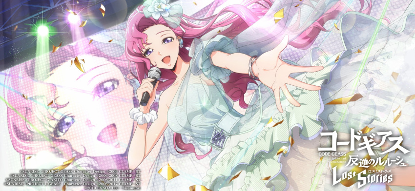 1girl :d asymmetrical_dress bracelet breasts code_geass code_geass:_lost_stories copyright_name dress earrings euphemia_li_britannia floating_hair flower hair_flower hair_ornament highres holding holding_microphone idol jewelry long_hair looking_at_viewer medium_breasts microphone music official_art open_mouth pink_hair scrunchie singing sleeveless sleeveless_dress smile solo very_long_hair violet_eyes white_dress white_flower white_scrunchie wrist_scrunchie