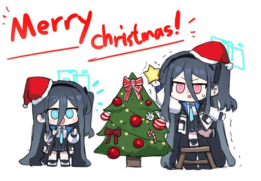 &lt;key&gt;_(blue_archive) 2girls absurdly_long_hair aris_(blue_archive) black_hair black_hairband black_skirt blue_archive blue_eyes blue_halo blue_necktie blush christmas christmas_ornaments christmas_tree collared_shirt hairband halo highres jacket long_hair long_sleeves merry_christmas multiple_girls necktie one_side_up open_clothes open_jacket open_mouth pleated_skirt red_eyes shirt simple_background skirt smile two-sided_fabric two-sided_jacket very_long_hair white_background white_jacket white_shirt yanggaengwang