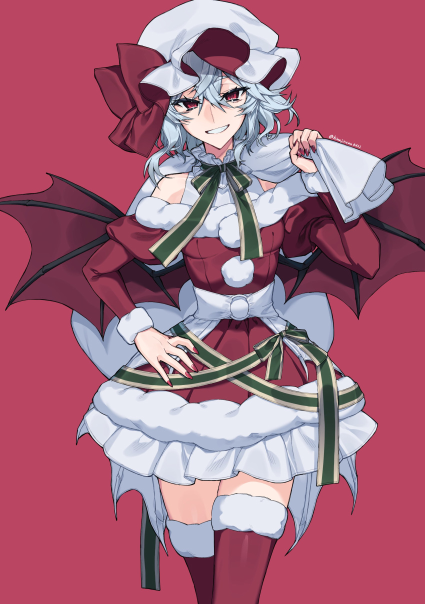 1girl absurdres alternate_costume bag bare_shoulders bat_wings christmas collar commentary_request cowboy_shot crossed_legs dress frilled_collar frilled_dress frills fur-trimmed_dress fur-trimmed_thighhighs fur_trim gift_bag green_ribbon grey_hair hand_on_own_hip hat highres himadera holding holding_bag looking_at_viewer mob_cap monster_girl neck_ribbon off-shoulder_dress off_shoulder plant_girl red_background red_dress red_eyes red_nails red_thighhighs remilia_scarlet ribbon simple_background smile solo teeth thigh-highs touhou twitter_username white_headwear wings zettai_ryouiki