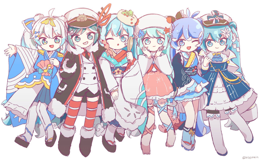6+girls ahoge aqua_eyes aqua_hair asymmetrical_legwear beret black_coat black_footwear black_gloves black_necktie black_shorts blue_bow blue_dress blue_hair blue_kimono blue_skirt blue_socks boots borrowed_design bow braid buttons chibi clam coat colored_tips double-breasted dress eighth_note epaulettes fish_(food) food-themed_hair_ornament full_body fur-trimmed_boots fur-trimmed_coat fur_trim geta gloves grin hair_ornament hair_ribbon hand_up hands_on_own_cheeks hands_on_own_face hashtag_only_commentary hat hatsune_miku highres holding holding_spoon ikura_(food) jacket japanese_clothes kimono knee_boots layered_dress military_uniform miniskirt mismatched_legwear multicolored_hair multiple_girls musical_note musical_note_print naval_uniform necktie one_eye_closed open_mouth outstretched_arm peaked_cap pink_hair pink_skirt pleated_skirt red_ribbon red_shirt red_thighhighs ribbon scallop seigaiha seomin shamoji shirt shorts side-by-side side_braid skirt smile socks spoon staff_(music) star_(symbol) star_hair_ornament striped striped_thighhighs thigh-highs twitter_username uniform v vocaloid white_background white_dress white_footwear white_hair white_headwear white_jacket white_kimono wide_sleeves year_connection yellow_bow yuki_miku yuki_miku_(2022) yuki_miku_(2022)_(candidate_no.1) yuki_miku_(2022)_(candidate_no.3) yuki_miku_(2022)_(candidate_no.4) yuki_miku_(2022)_(candidate_no.5) yuki_miku_(2022)_(candidate_no.6)