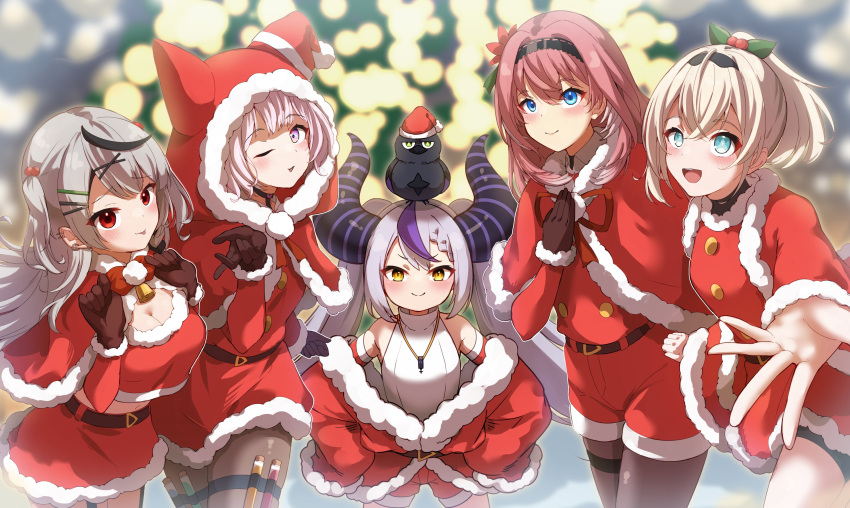 5girls :d :p absurdres alternate_costume animal_on_head bird bird_on_head black_hair blonde_hair blowing_kiss blue_eyes blurry blurry_background blush brown_gloves brown_pantyhose capelet commentary_request crow_(la+_darknesss) demon_girl demon_horns dress fur-trimmed_capelet fur-trimmed_gloves fur-trimmed_skirt fur-trimmed_sleeves fur_trim gloves grey_hair hairband hakui_koyori hand_on_own_hip hat highres hololive holox hood hooded_capelet horns huge_horns kazama_iroha la+_darknesss long_hair long_sleeves multicolored_hair multiple_girls off_shoulder on_head one_eye_closed pantyhose pink_eyes ponytail purple_hair reaching reaching_towards_viewer red_capelet red_eyes red_skirt sakamata_chloe santa_costume santa_dress santa_hat shorts skirt smile streaked_hair striped_horns takane_lui tenmon_(tenmon0715) test_tube tongue tongue_out violet_eyes virtual_youtuber yellow_eyes