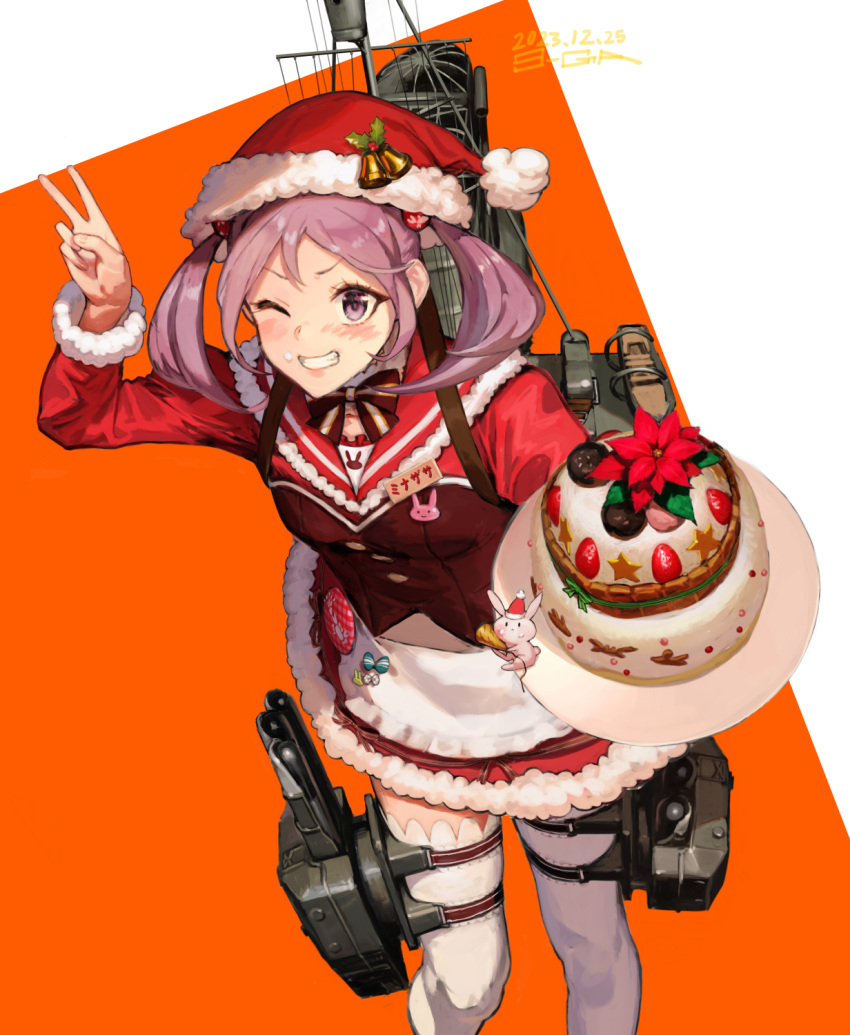 1girl 9-ga animal apron artist_name blush cake dated dress feet food food_on_face grin hair_bobbles hair_ornament hat highres kantai_collection long_sleeves official_alternate_costume one_eye_closed pink_eyes pink_hair pom_pom_(clothes) rabbit red_dress red_headwear santa_hat sazanami_(kancolle) short_hair signature smile solo thigh-highs twintails v waist_apron white_apron white_thighhighs
