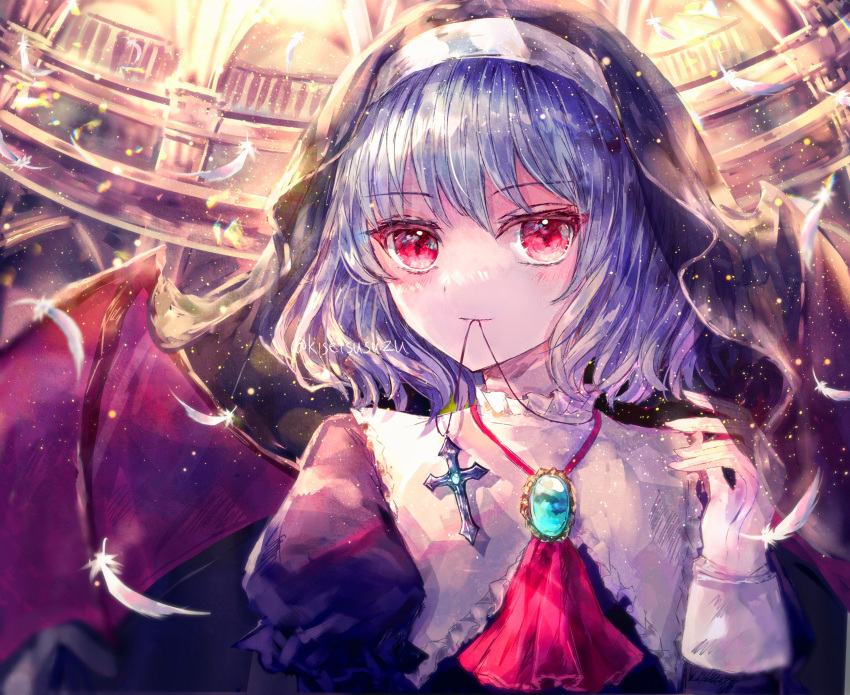 1girl ascot bat_wings black_dress blue_hair brooch cross cross_necklace dress habit highres jewelry juliet_sleeves long_sleeves necklace nun puffy_sleeves red_ascot red_eyes remilia_scarlet solo suzushina touhou wings