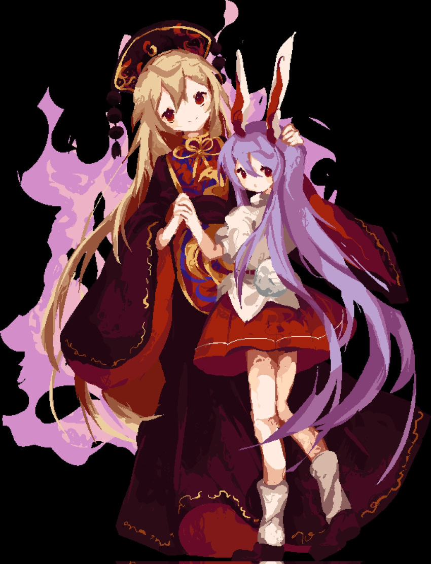 2girls :o animal_ears black_background black_dress black_headwear blonde_hair blush chinese_clothes dress gold_trim hair_ornament highres holding_another's_head holding_hands junko_(touhou) long_hair looking_at_viewer looking_to_the_side loose_socks multiple_girls phoenix_crown phoenix_print pixel_art pom_pom_(clothes) rabbit_ears rabbit_girl rabbit_tail red_skirt red_tabard redhead reisen_udongein_inaba rrrssr shirt short_sleeves skirt smile socks tabard tail tassel tassel_hair_ornament touhou very_long_hair white_shirt white_socks wide_sleeves