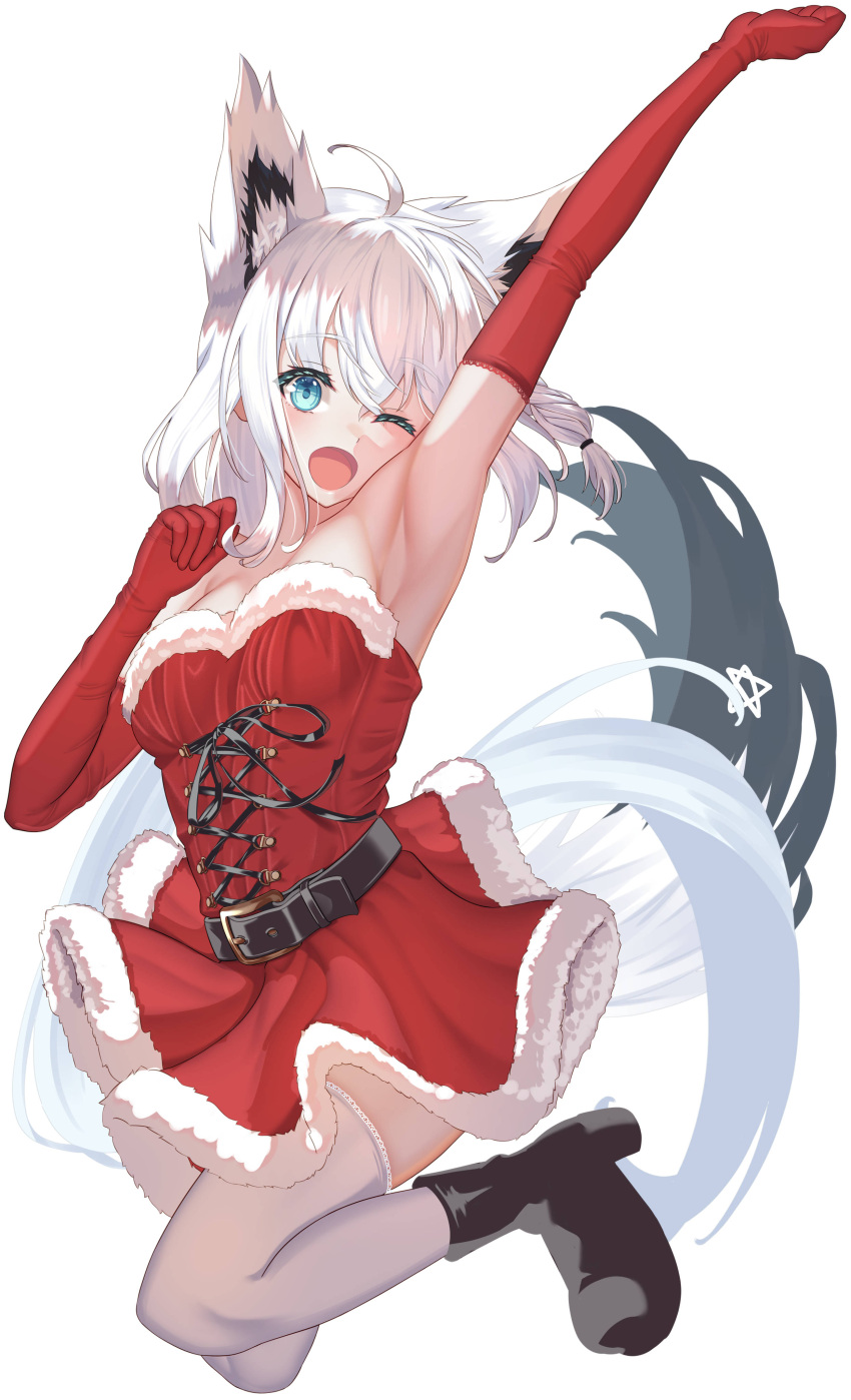 1girl absurdres ahoge animal_ear_fluff animal_ears aqua_eyes armpits belt black_footwear black_tail boots braid breasts collarbone cross-laced_clothes crossed_bangs dress elbow_gloves extra_ears fox_ears fox_girl fox_tail full_body fur_trim gloves highres hololive jumping laughing long_hair low-tied_long_hair medium_breasts multicolored_tail one_eye_closed open_mouth pentagram red_gloves santa_costume santa_dress shirakami_fubuki side_braid sidelocks simple_background single_braid sleeveless solo strapless ta_shiuji30 tail tail_under_clothes thigh-highs virtual_youtuber white_background white_hair white_tail