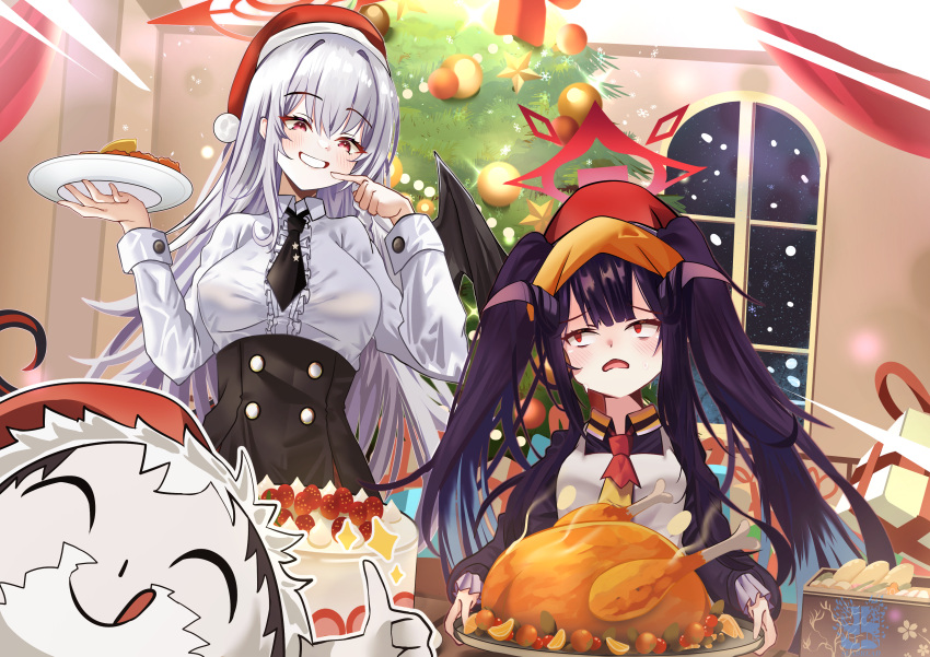 1boy 2girls absurdres apron black_dress black_hair black_horns black_necktie black_skirt black_wings blue_archive blush box braid breasts cake center_frills christmas christmas_ornaments christmas_tree demon_horns demon_wings doodle_sensei_(blue_archive) dress food frills fuuka_(blue_archive) gift gift_box grey_hair grin halo haruna_(blue_archive) hat head_scarf highres holding holding_plate horns indoors large_breasts long_hair long_sleeves multiple_girls necktie open_mouth plate pom_pom_(clothes) red_eyes red_halo red_headwear red_tail santa_hat seabread sensei_(blue_archive) side_braid single_wing skirt small_breasts smile snowflakes turkey_(food) white_apron window wings yellow_headwear yellow_necktie