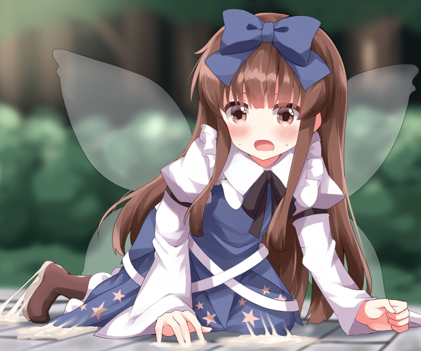 1girl blue_bow blue_dress blurry blurry_background blush boots bow brown_eyes brown_footwear brown_hair commentary_request dress full_body hair_bow juliet_sleeves long_hair long_sleeves looking_at_viewer open_mouth outdoors puffy_sleeves ruu_(tksymkw) sidelocks solo star_sapphire touhou transparent_wings