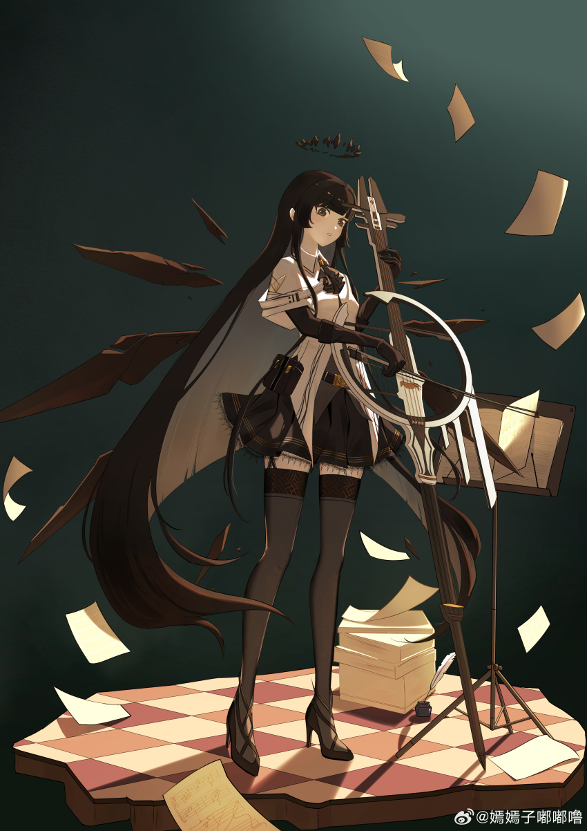1girl :o absurdres arknights artist_name ascot belt belt_buckle belt_pouch black_ascot black_belt black_eyes black_footwear black_garter_straps black_gloves black_hair black_halo black_pouch black_skirt black_sleeves black_thighhighs black_wings blunt_bangs blush bow_(music) breasts broken_halo buckle cello chinese_commentary collared_jacket colored_inner_hair commentary_request dark_halo detached_wings energy_wings floating floating_object floor from_side full_body garter_straps gloves green_background grey_hair grey_shirt hair_flowing_over halo hands_up high_heels highres hime_cut holding holding_bow_(music) holding_instrument holding_violin instrument jacket knees layered_sleeves legs legs_apart long_hair long_sleeves looking_at_viewer looking_to_the_side miniskirt multicolored_hair music music_stand musical_note pale_skin parted_lips playing playing_instrument pleated_skirt pouch shade shadow sheet_music shirt short_over_long_sleeves short_sleeved_jacket short_sleeves sidelocks skirt small_breasts solo standing straight_hair strappy_heels surprised teeth thigh-highs tile_floor tiles two-tone_hair very_long_hair violin virtuosa_(arknights) watermark weibo_logo weibo_username white_jacket wide_sleeves wing_collar wings yanyanzidudulu zettai_ryouiki