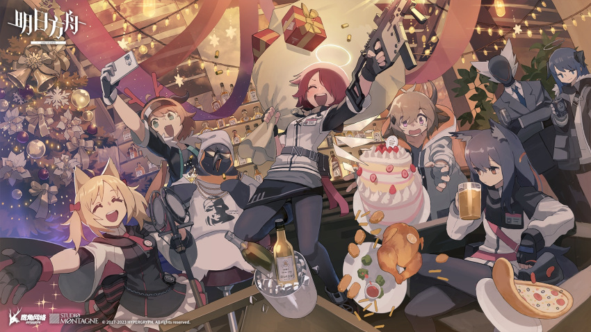 2boys 5girls animal_ears arknights bell bison_(arknights) black_hair blonde_hair bottle box bullet cake cellphone christmas_tree croissant_(arknights) cup drinking_glass exusiai_(arknights) food gift gift_box gloves halo highres holding holding_weapon horns long_hair microphone mostima_(arknights) multiple_boys multiple_girls necktie official_art phone pizza redhead smile sora_(arknights) sunglasses tail texas_(arknights) the_emperor_(arknights) twintails weapon wine_bottle wine_glass yith_(arknights)