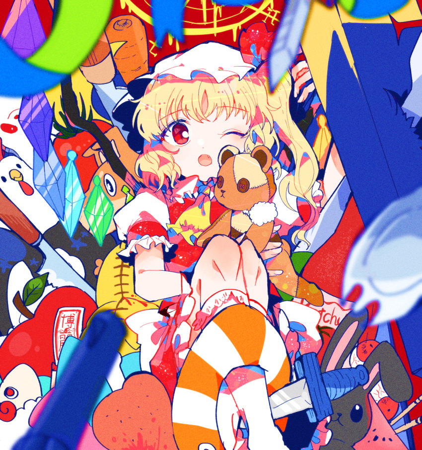 1girl animal ascot bird blonde_hair blush chicken crystal dog fang flandre_scarlet frilled_skirt frills hat highres itomugi-kun knife leg_up long_hair looking_at_viewer mob_cap one_eye_closed puffy_short_sleeves puffy_sleeves rabbit red_eyes red_skirt red_vest shirt short_sleeves skirt solo stuffed_animal stuffed_toy teddy_bear touhou vest white_headwear white_shirt wings yellow_ascot